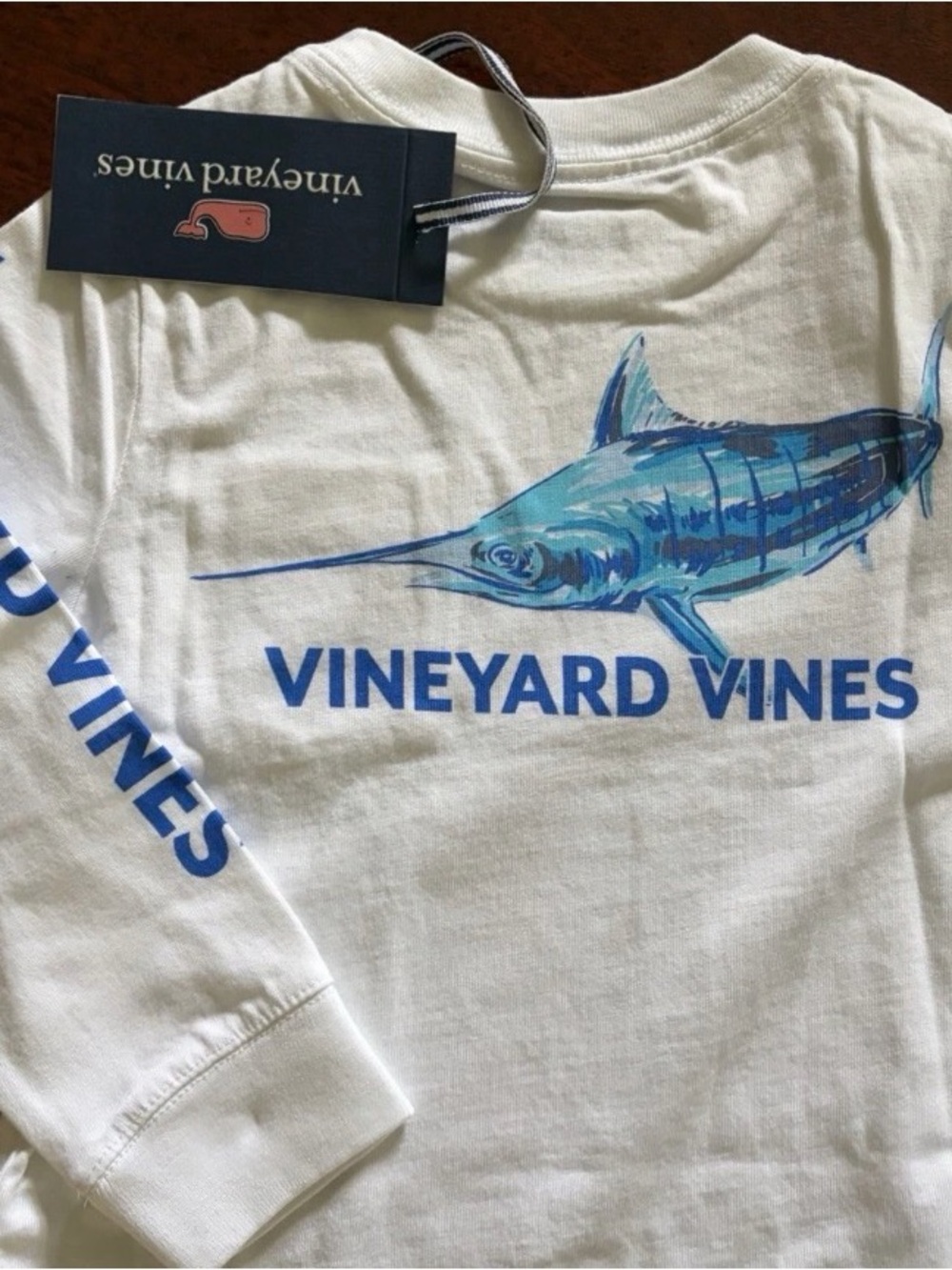 Vineyard Vines White Marlin L/S Pocket Tee with Blue Logo - Picture 3 of 3